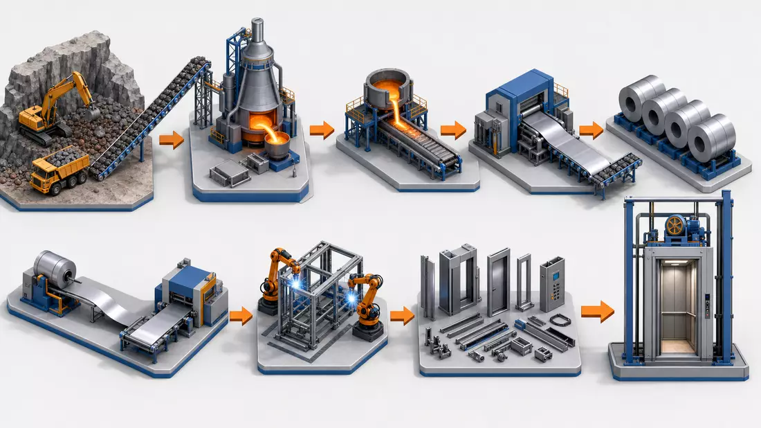 Isometrisches 3D-Prozessdiagramm der Stahl-Wertschöpfungskette bis zum Aufzug