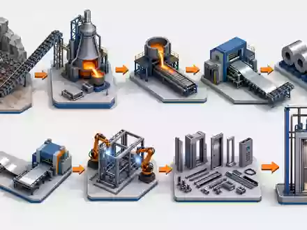 thyssenkrupp AG (DE0007500001): isometrisches 3D-Diagramm der industriellen Wertschöpfungskette von Roherz bis zum fertigen Aufzug - Foto: THN