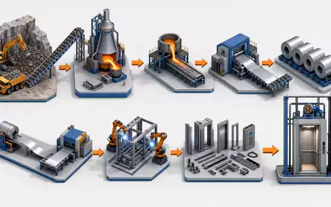 thyssenkrupp AG (DE0007500001): isometrisches 3D-Diagramm der industriellen Wertschöpfungskette von Roherz bis zum fertigen Aufzug - Foto: THN