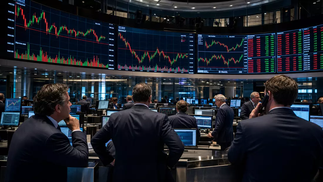 Trading-Floor mit Tradern vor großen Aktienchart-Bildschirmen
