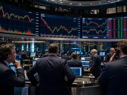 thyssenkrupp AG (DE0007500001): Börsen-Editorialfoto von Tradern vor großen Industrie-Aktiencharts auf beleuchteten Bildschirmen im Handelssaal - Foto: THN