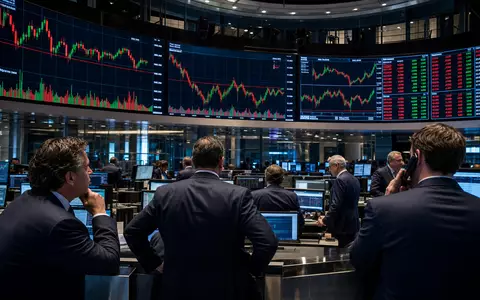 thyssenkrupp AG (DE0007500001): Börsen-Editorialfoto von Tradern vor großen Industrie-Aktiencharts auf beleuchteten Bildschirmen im Handelssaal - Foto: THN