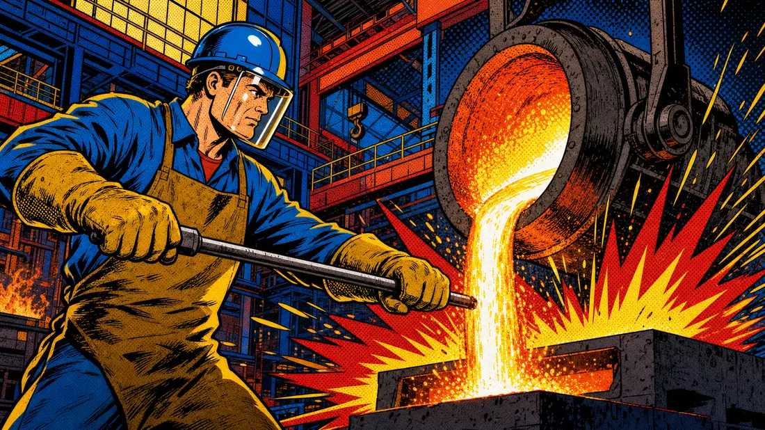 Pop-Art-Comicszene eines Stahlarbeiters beim Gießen von glühendem Metall