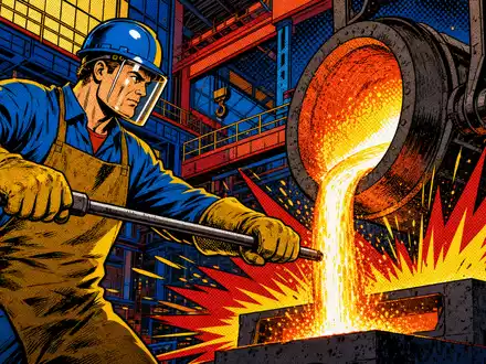 thyssenkrupp AG (DE0007500001): farbige Pop-Art-Comicszene eines mutigen Stahlarbeiters beim Gießen von glühend heißem Metall - Foto: THN