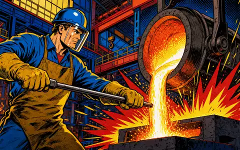 thyssenkrupp AG (DE0007500001): farbige Pop-Art-Comicszene eines mutigen Stahlarbeiters beim Gießen von glühend heißem Metall - Foto: THN