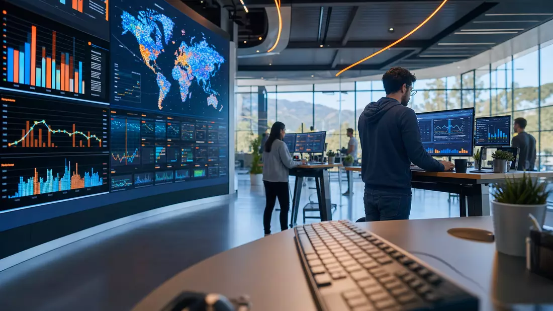 Modernes Tech-Büro mit Datenvisualisierungen, passend zu The Trade Desk (US88339J1051)