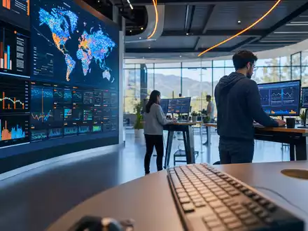 The Trade Desk (US88339J1051) zeigt modernes Softwarebüro mit Datenwänden und programmatischer Werbetechnologie am Arbeitsplatz - Foto: THN