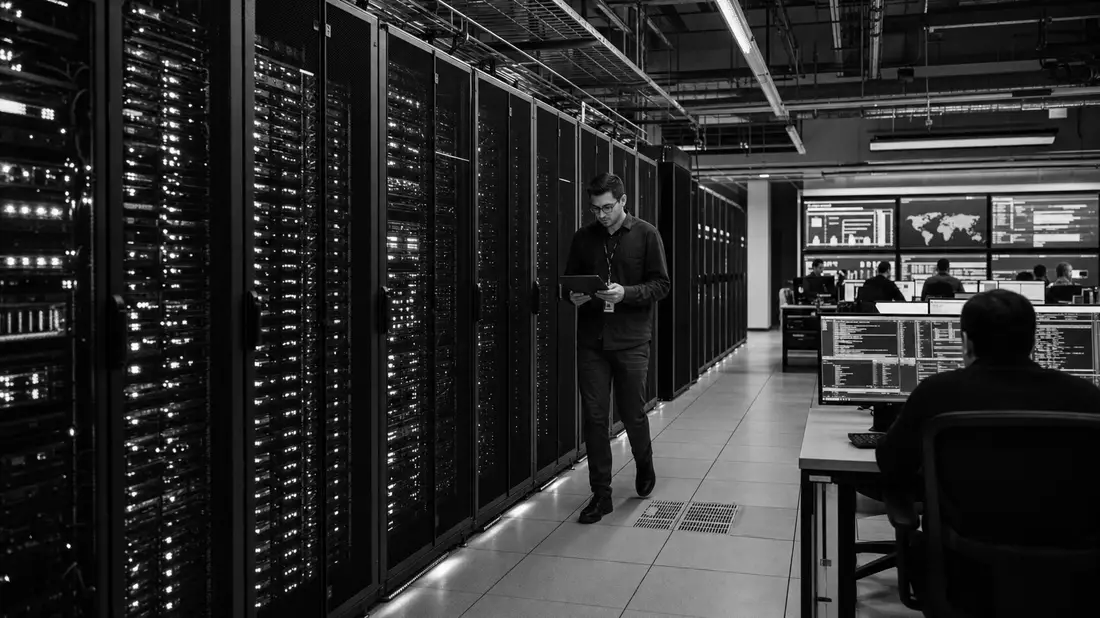 Dokumentarische SW-Aufnahme eines Serverraums, thematisch zu The Trade Desk (US88339J1051)