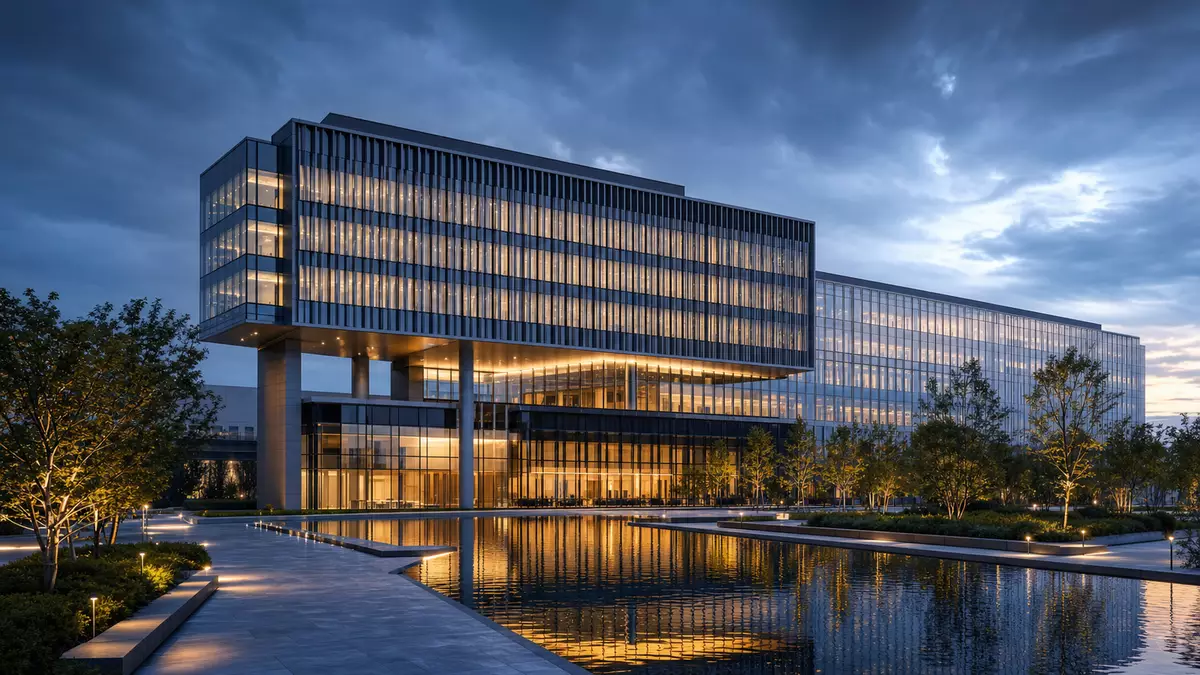 3D-Architekturvisualisierung eines Glas-Hauptsitzes, passend zu The Trade Desk (US88339J1051)
