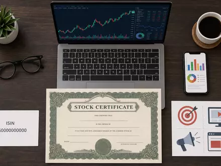 The Trade Desk (US88339J1051) kombiniert Flatlay aus Aktienzertifikat, ISIN-Karte und Werbetechnik-Symbolen am Schreibtisch - Foto: THN