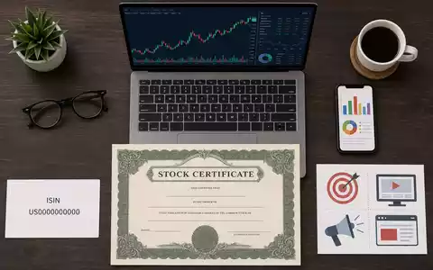 The Trade Desk (US88339J1051) kombiniert Flatlay aus Aktienzertifikat, ISIN-Karte und Werbetechnik-Symbolen am Schreibtisch - Foto: THN