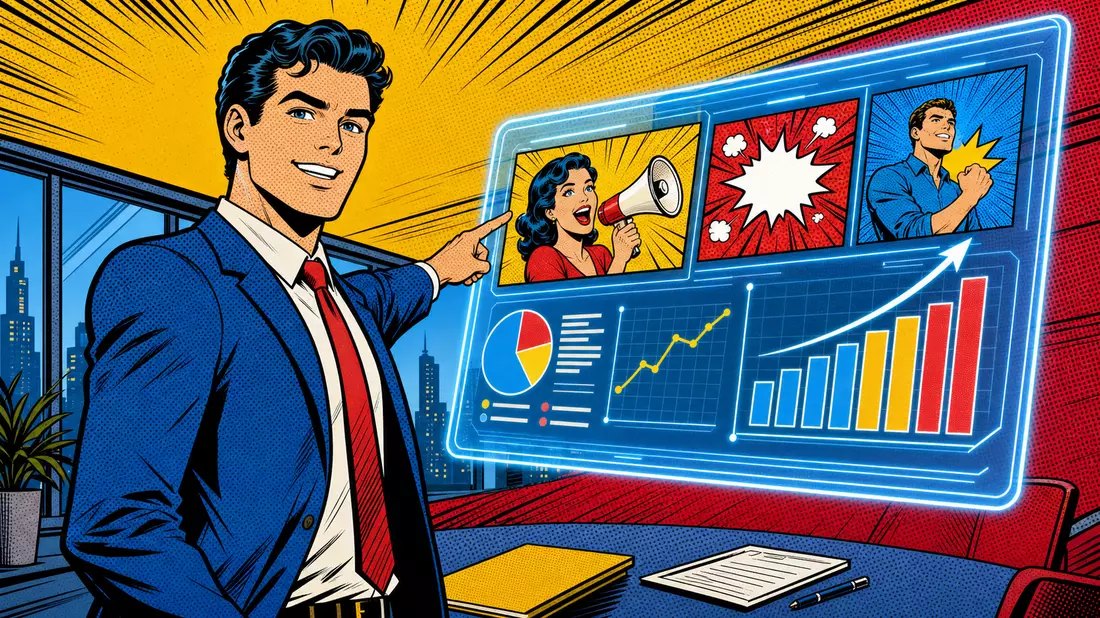 Pop-Art-Comicszene mit Marketingprofi und Kampagnengrafiken, Motiv zu The Trade Desk (US88339J1051)