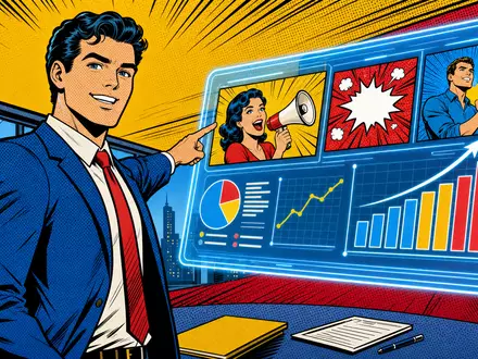 The Trade Desk (US88339J1051) inszeniert als Pop-Art-Comic mit Marketingexperte vor holografischer Werbekampagnen-Anzeige - Foto: THN