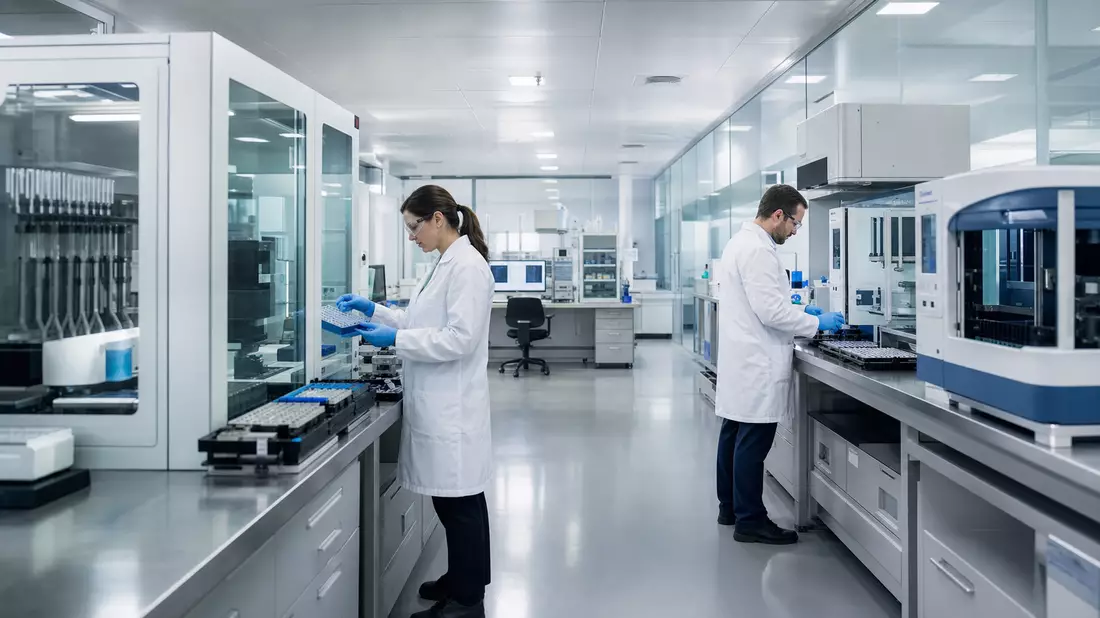 Wissenschaftler arbeiten in modernem Biotech-Labor mit Analysegeräten und Probenbehältern