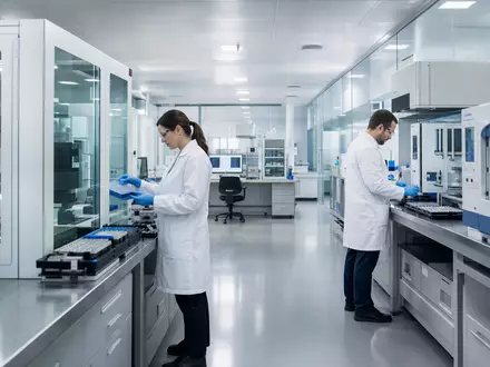 Fotorealistisches Laborbild zu Thermo Fisher Sci. US8835561023 zeigt moderne Analysegeräte und Wissenschaftler bei der Probenanalyse - Foto: THN