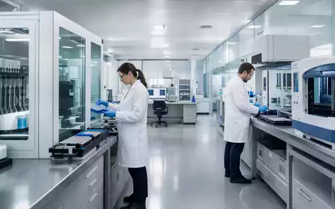 Fotorealistisches Laborbild zu Thermo Fisher Sci. US8835561023 zeigt moderne Analysegeräte und Wissenschaftler bei der Probenanalyse - Foto: THN