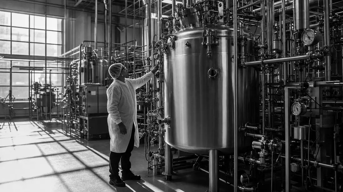 Schwarzweißfoto eines Technikers an einem großen Bioreaktortank in einer Fertigungshalle