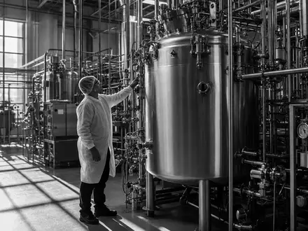 Schwarzweiße Reportage-Aufnahme für Thermo Fisher Sci. US8835561023 dokumentiert Techniker an industrieller Bioreaktor-Anlage im Werk - Foto: THN