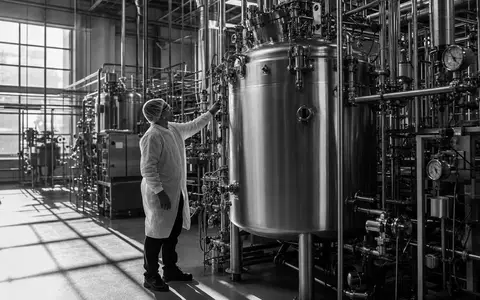 Schwarzweiße Reportage-Aufnahme für Thermo Fisher Sci. US8835561023 dokumentiert Techniker an industrieller Bioreaktor-Anlage im Werk - Foto: THN