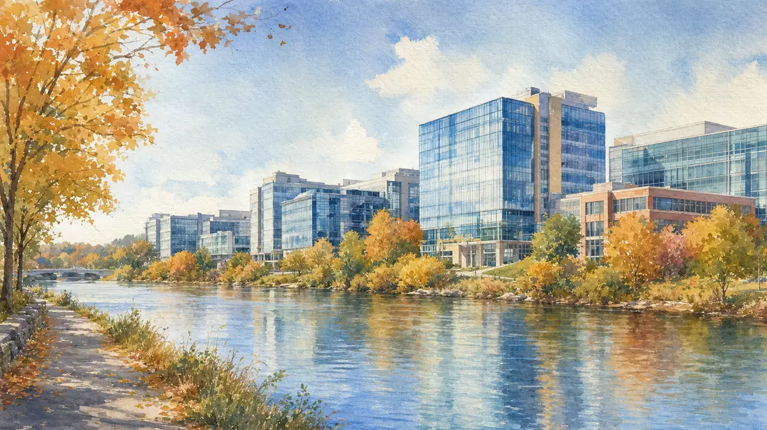 Aquarellbild eines gläsernen Forschungscampus an einem Fluss mit herbstlichen Bäumen
