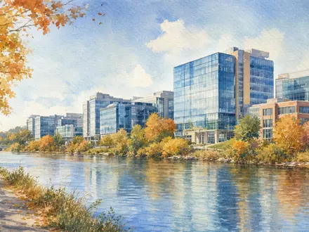 Aquarellmalerei symbolisiert Thermo Fisher Sci. US8835561023 mit gläsernem Forschungscampus entlang eines ruhigen Flusses im Herbst - Foto: THN