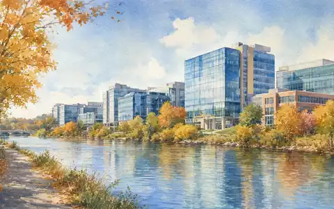 Aquarellmalerei symbolisiert Thermo Fisher Sci. US8835561023 mit gläsernem Forschungscampus entlang eines ruhigen Flusses im Herbst - Foto: THN