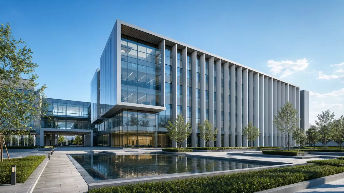 Architekturvisualisierung eines modernen Glas- und Stahlgebäudes mit Wasserbecken davor