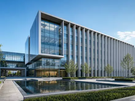 Architektur-Render veranschaulicht Thermo Fisher Sci. US8835561023 durch modernes gläsernes Firmengebäude mit Wasserbecken und Grünflächen - Foto: THN