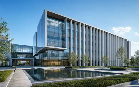 Architektur-Render veranschaulicht Thermo Fisher Sci. US8835561023 durch modernes gläsernes Firmengebäude mit Wasserbecken und Grünflächen - Foto: THN