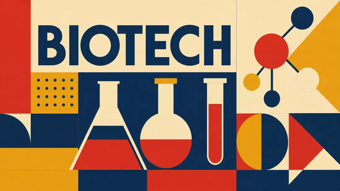 Geometrisches Bauhaus-Poster mit Kolben, Reagenzglas und dem Schriftzug BIOTECH