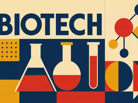 Bauhaus-Poster stilisiert Thermo Fisher Sci. US8835561023 mit geometrischen Formen, Laborglas-Symbolen und dem Wort BIOTECH - Foto: THN