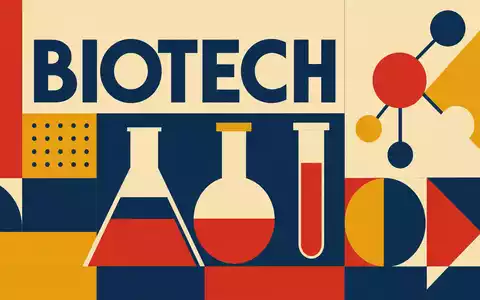 Bauhaus-Poster stilisiert Thermo Fisher Sci. US8835561023 mit geometrischen Formen, Laborglas-Symbolen und dem Wort BIOTECH - Foto: THN