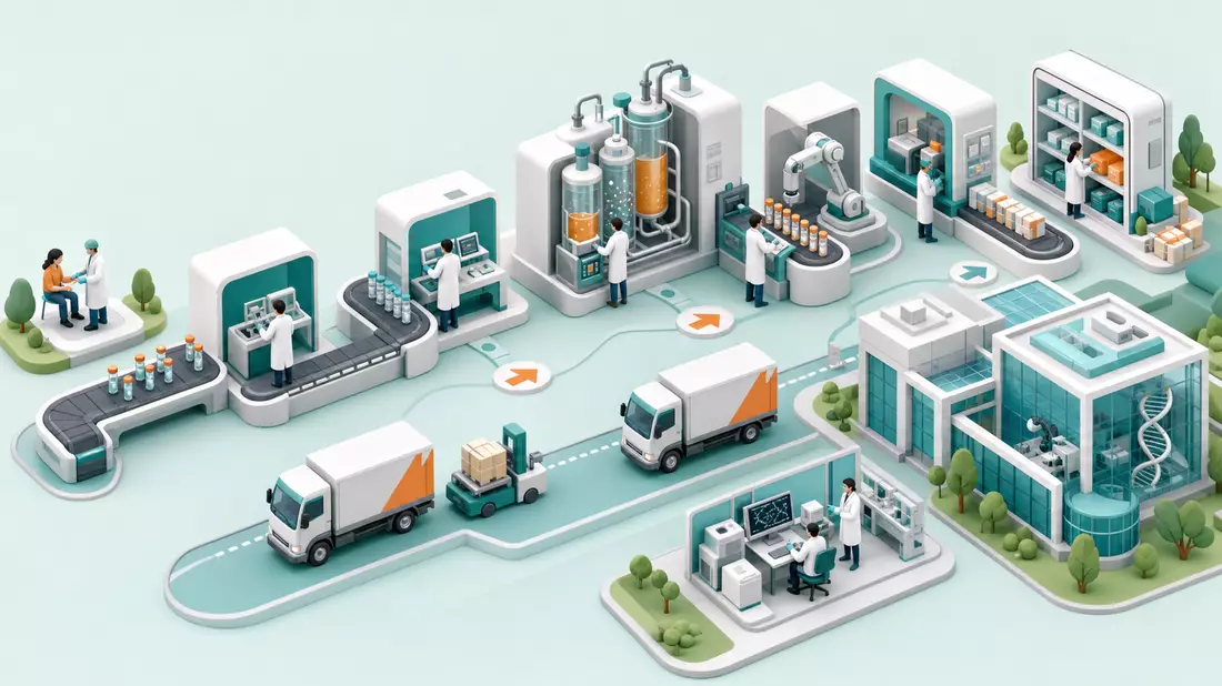 Isometrische Illustration einer Biotech-Wertschöpfungskette mit Labor, Fabrik und Lieferwagen