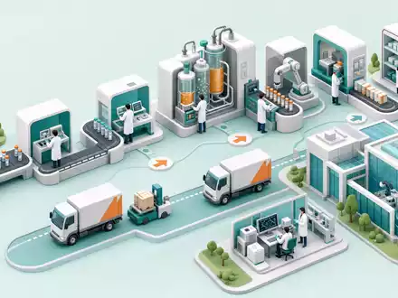 Isometrische 3D-Grafik zeigt Thermo Fisher Sci. US8835561023 als Wertschöpfungskette von Labor, Produktion bis Auslieferung - Foto: THN