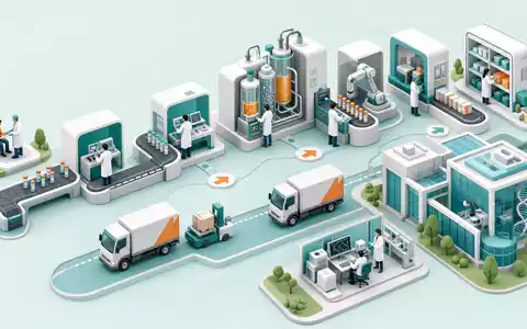 Isometrische 3D-Grafik zeigt Thermo Fisher Sci. US8835561023 als Wertschöpfungskette von Labor, Produktion bis Auslieferung - Foto: THN