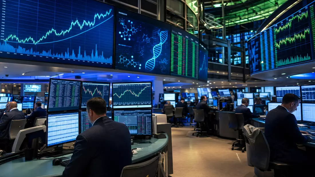 Trading-Floor mit großen Bildschirmen, Kursdiagrammen und DNA-Grafiken, Händler an Arbeitsplätzen