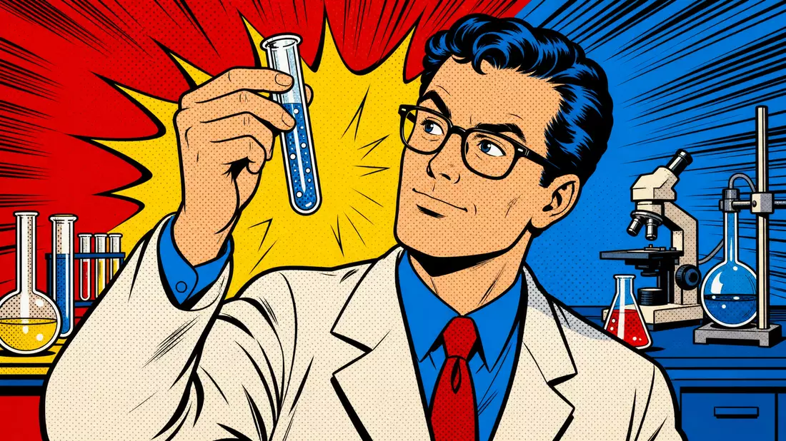 Bunte Pop-Art-Illustration eines Wissenschaftlers mit Reagenzglas im Comic-Stil