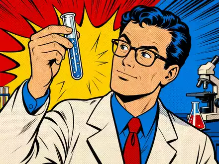 Pop-Art-Comic feiert Thermo Fisher Sci. US8835561023 mit farbenfrohem Wissenschaftler, Reagenzglas und knalligen Comic-Explosionslinien - Foto: THN