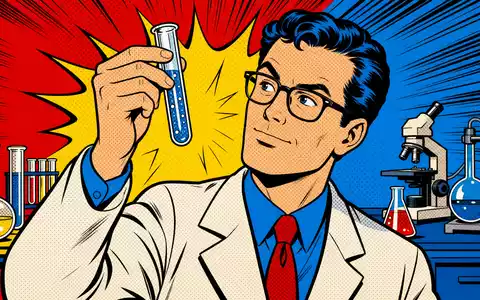 Pop-Art-Comic feiert Thermo Fisher Sci. US8835561023 mit farbenfrohem Wissenschaftler, Reagenzglas und knalligen Comic-Explosionslinien - Foto: THN