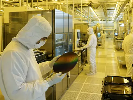 Texas Instruments (US8825081040) zeigt fotorealistisch Techniker im Reinraum bei Prüfung von Silizium-Wafern in Halbleiterfertigung - Foto: THN