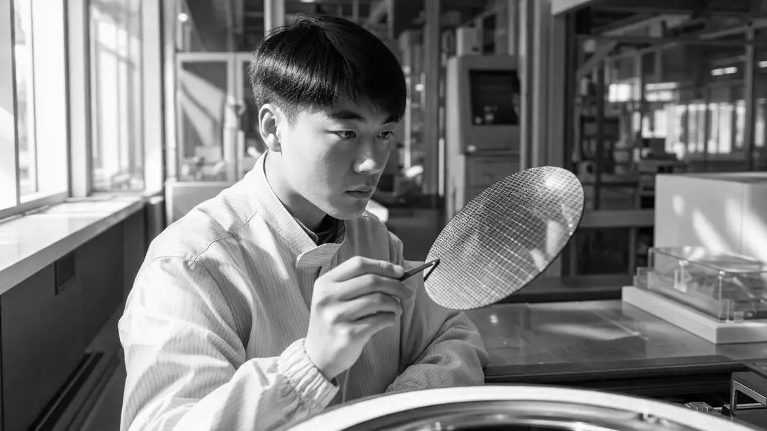 Schwarzweiß-Reportagefoto eines Ingenieurs mit Silizium-Wafer in der Halbleiterfabrik
