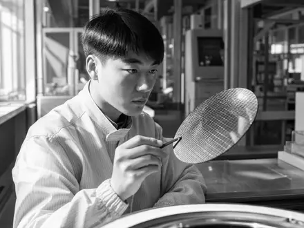 Texas Instruments (US8825081040) dokumentiert in Schwarzweiß einen Ingenieur, der einen Silizium-Wafer in der Fabrikhalle begutachtet - Foto: THN
