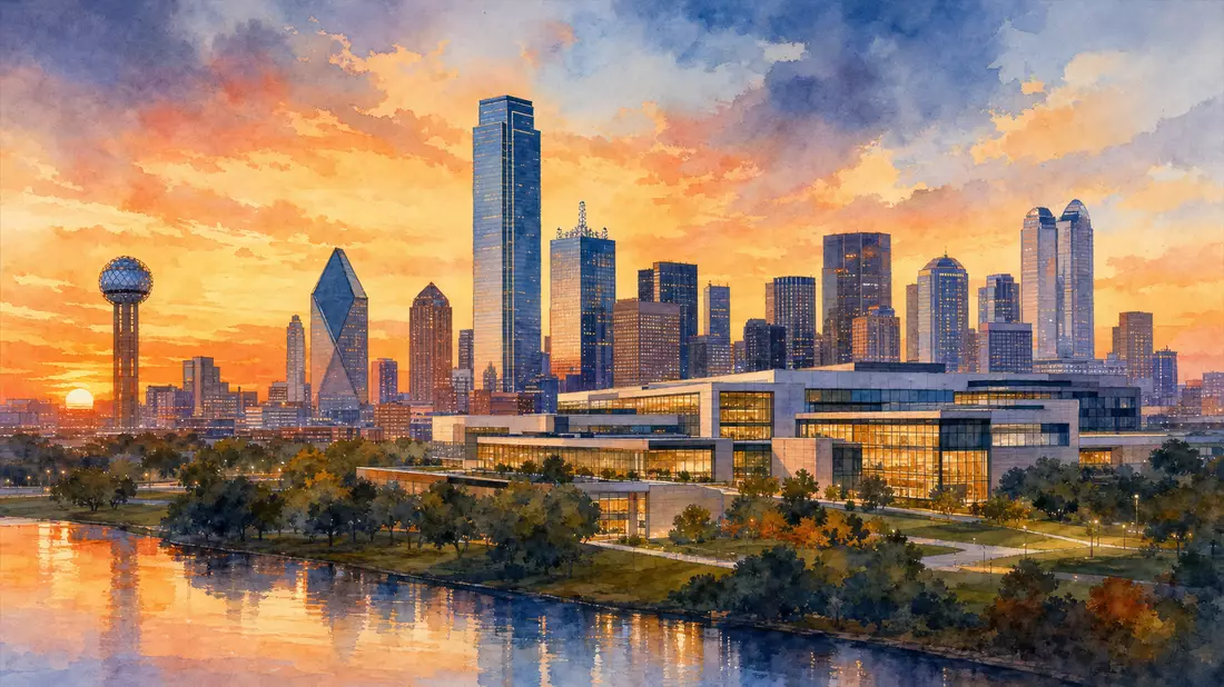Aquarellmalerei der Dallas-Skyline mit stilisiertem Firmencampus bei Sonnenuntergang