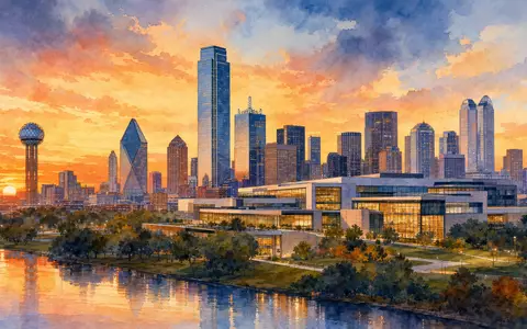 Texas Instruments (US8825081040) präsentiert eine Aquarell-Illustration der Dallas-Skyline mit modernem Firmencampus bei Sonnenuntergang - Foto: THN