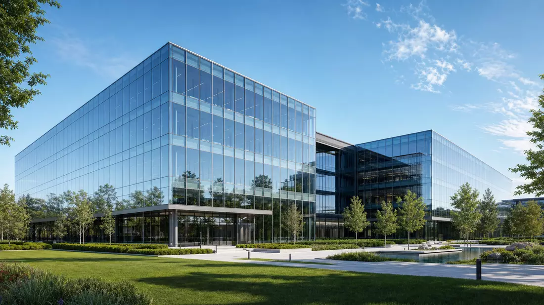 Architektur-Rendering einer modernen Glas-Firmenzentrale mit begrüntem Campusgelände