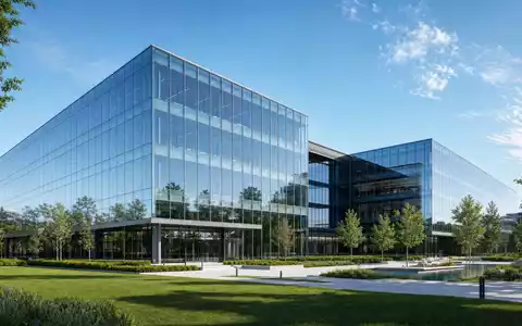 Texas Instruments (US8825081040) zeigt ein Architektur-Render einer modernen Glas-Firmenzentrale mit begrünter Campus-Umgebung am Tag - Foto: THN