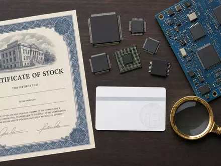 Texas Instruments (US8825081040) inszeniert als Flatlay ein Aktienzertifikat, ISIN-Karte und unbedruckte Mikrochips auf dunklem Holztisch - Foto: THN