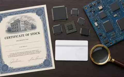 Texas Instruments (US8825081040) inszeniert als Flatlay ein Aktienzertifikat, ISIN-Karte und unbedruckte Mikrochips auf dunklem Holztisch - Foto: THN