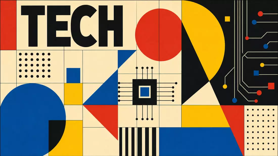Bauhaus-Poster mit geometrischen Formen, Schaltkreis-Motiv und Schriftzug TECH