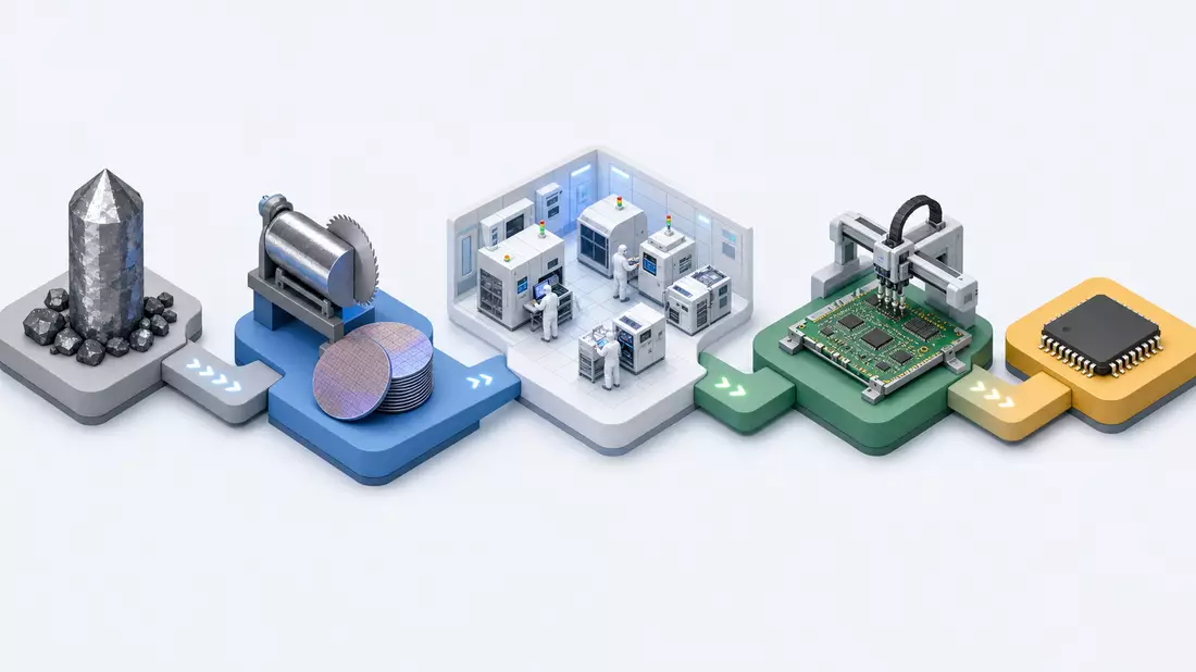 Isometrische 3D-Grafik der Halbleiter-Wertschöpfungskette vom Silizium zum Mikrochip
